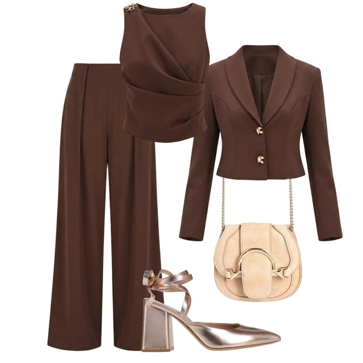 Outfit donna - Cerimonia cioccolato. Stile Chic per Cerimonia. Abbinamento con marsupi, décolleté, pantaloni a palazzo, top, blazer.