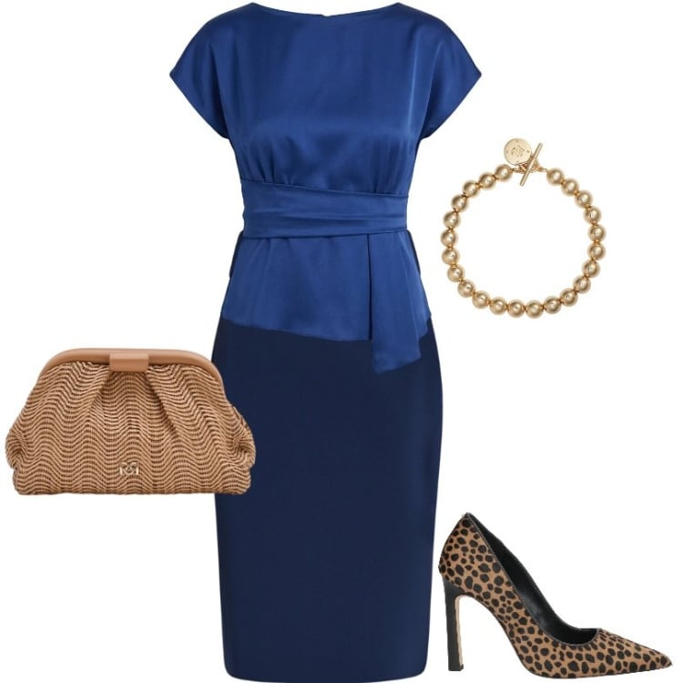 Outfit donna - Cocktail party. Stile Chic per Tutti i giorni. Abbinamento con décolleté, gonne longuette, pochette, bluse, braccialetti.