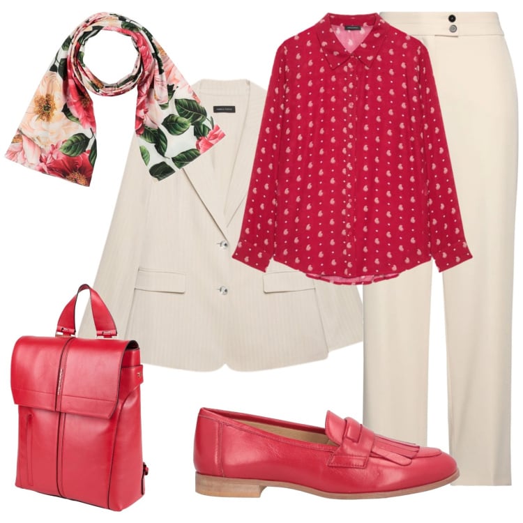 Outfit donna - Curvy style con tocco di rosso. Stile Casual chic per Ufficio. Abbinamento con sciarpe, pantaloni, mocassini, zaini, camicie, blazer.