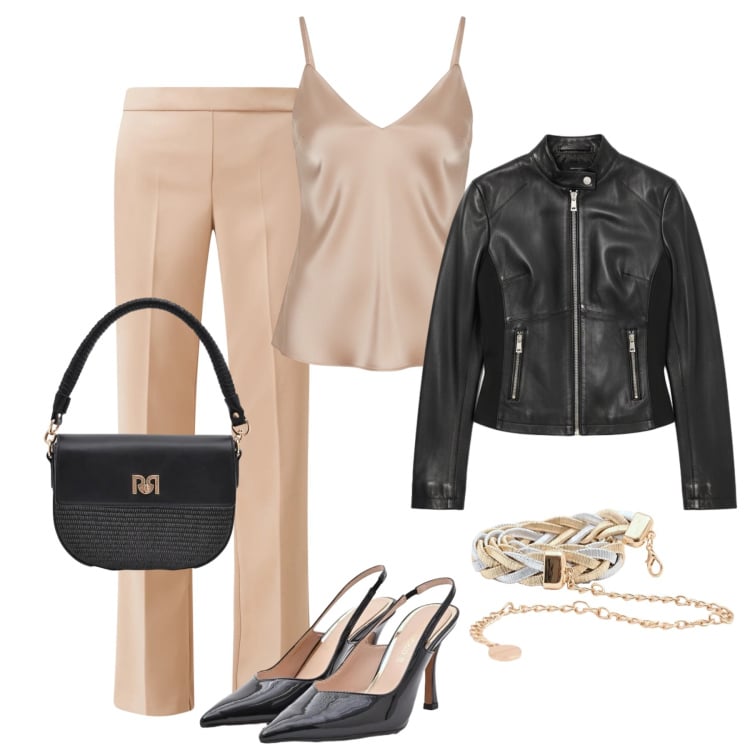 Outfit donna - Serata con gli amici. Stile Casual chic per Serata fuori. Abbinamento con borse a spalla, cinture, giacche, pantaloni, canottiere, décolleté.