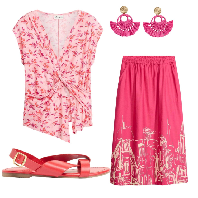 Outfit donna - Total look #2372318. Stile Romantica per Tutti i giorni. Abbinamento con orecchini, gonne longuette, top, sandali.