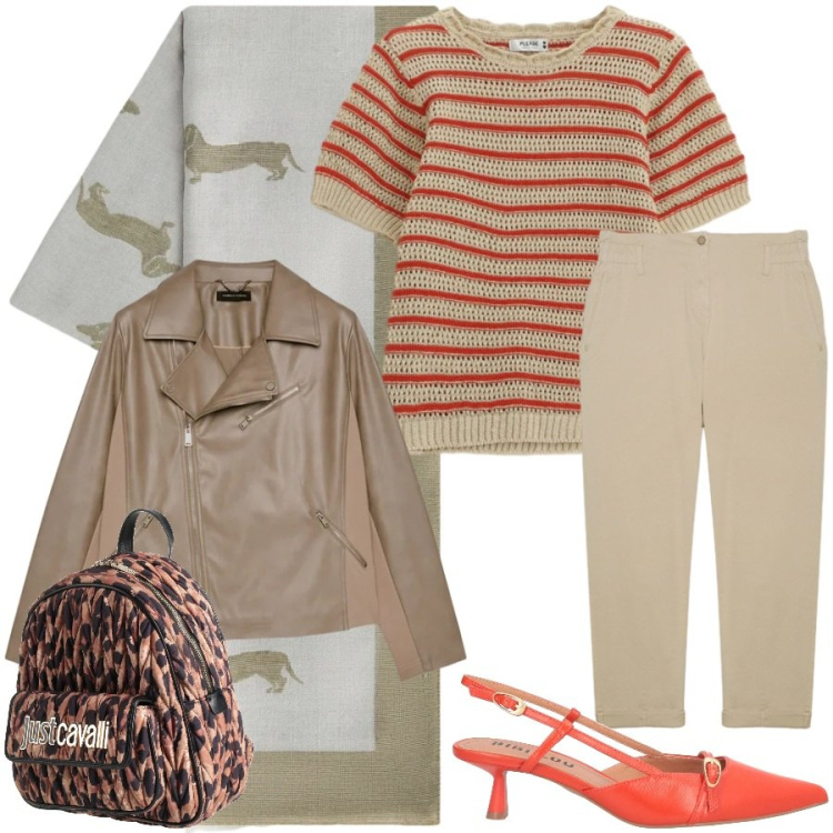 Outfit donna - Total look #2372319. Stile Casual chic per Ufficio. Abbinamento con zaini, décolleté, pantaloni, blazer, sciarpe, t-shirt.