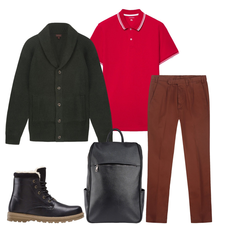 Outfit uomo - Cardigan e Polo per un Look Ricercato. Stile Urban per Tutti i giorni. Abbinamento con stivali e stivaletti, pantaloni, borse sportive, cardigans, polo.