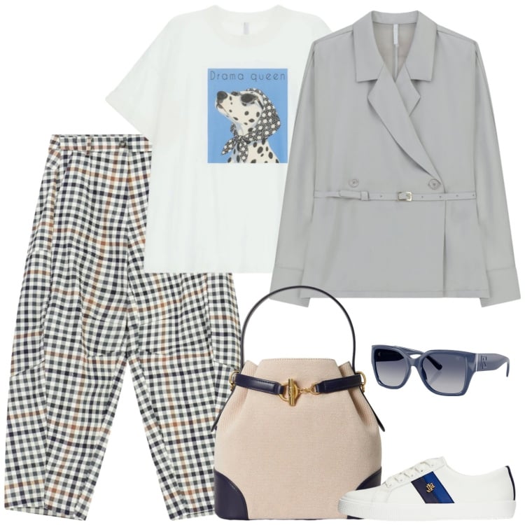 Outfit donna - I pantaloni a quadretti. Stile Casual per Tutti i giorni. Abbinamento con pantaloni a palazzo, blazer, t-shirt, borse a secchiello, sneakers, occhiali da sole.