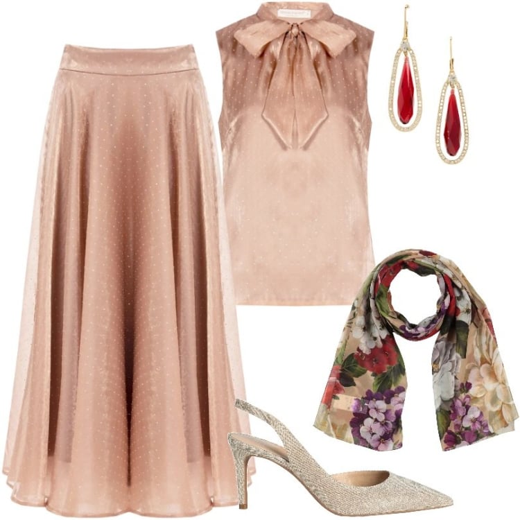 Outfit donna - Marrone bronzo con detttagli vivaci. Stile Glamour per Cerimonia. Abbinamento con décolleté, sciarpe, gonne longuette, canottiere, orecchini.