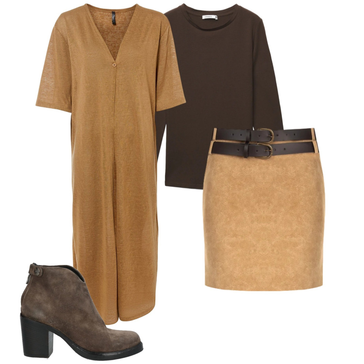 Outfit donna - Colori caldi. Stile Casual chic per Tutti i giorni. Abbinamento con stivaletti, cardigans, minigonne, t-shirt.