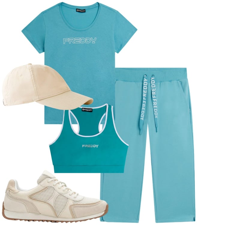 Outfit donna - Sporty. Stile Sporty chic per Sport. Abbinamento con cappelli con visiera, sneakers alte, reggiseni, t-shirt, pantaloni.