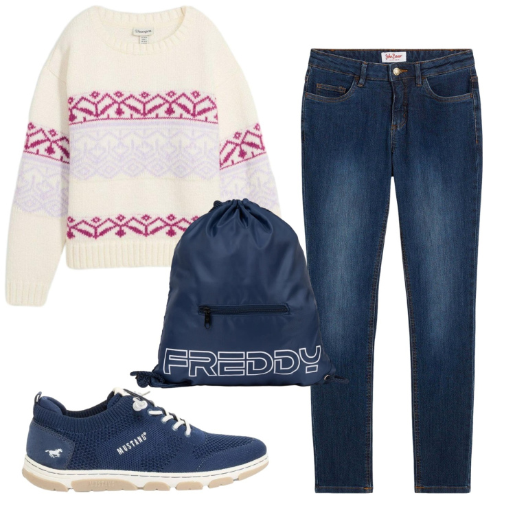 Outfit donna - Total look #2372330. Stile Casual per Tutti i giorni. Abbinamento con jeans skinny, maglieria, sneakers, zaini.