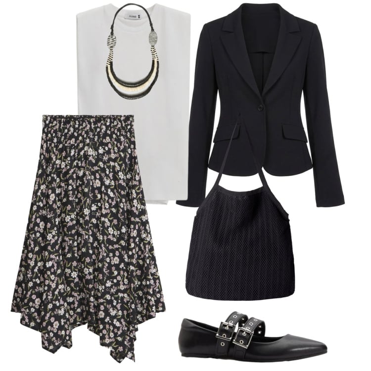 Outfit donna - Di giorno. per Ufficio. Abbinamento con gonne longuette, ballerine, collane, blazer, top, shopping bag.