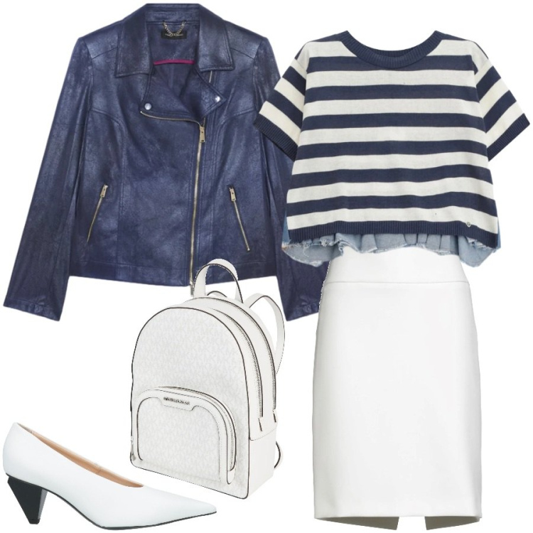 Outfit donna - Primavera a righe. Stile Chic per Tutti i giorni. Abbinamento con décolleté, minigonne, zaini, blazer, t-shirt.