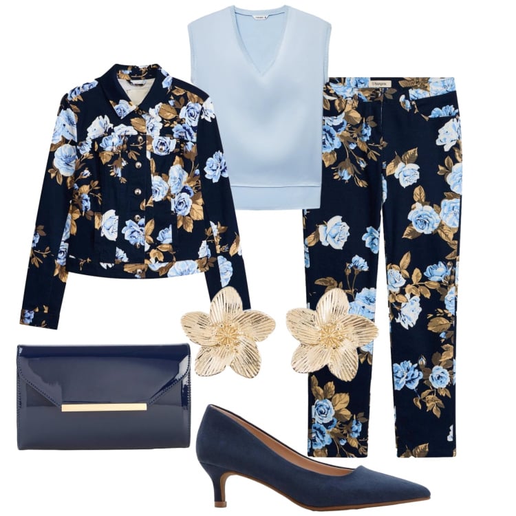Outfit donna - Evento foliage. Stile Chic per Cerimonia. Abbinamento con pantaloni, blazer, décolleté, pochette, orecchini, top.