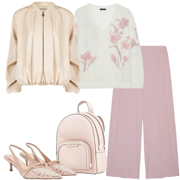 Outfit donna - Total look #2372337. Stile Romantica per Tutti i giorni. Abbinamento con zaini, maglieria, pantaloni, bomber, décolleté.