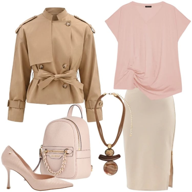 Outfit donna - Cerimonia informale. Stile Chic per Cerimonia. Abbinamento con zaini, t-shirt, ciondoli, caban, gonne longuette, décolleté.