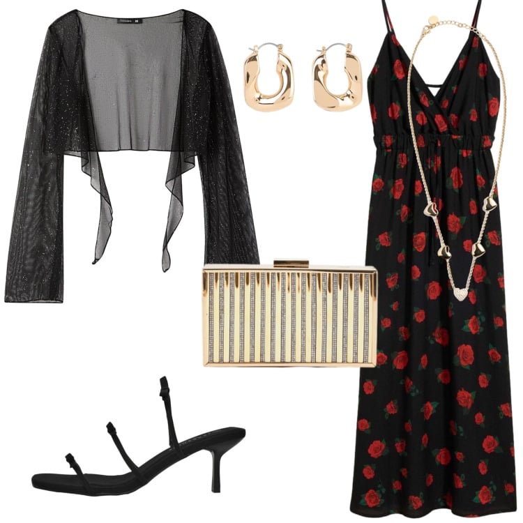 Outfit donna - L\'abito con rose rosse. Stile Glamour per Serata fuori. Abbinamento con orecchini, vestiti lunghi, clutch, collane, blazer, sandali col tacco.