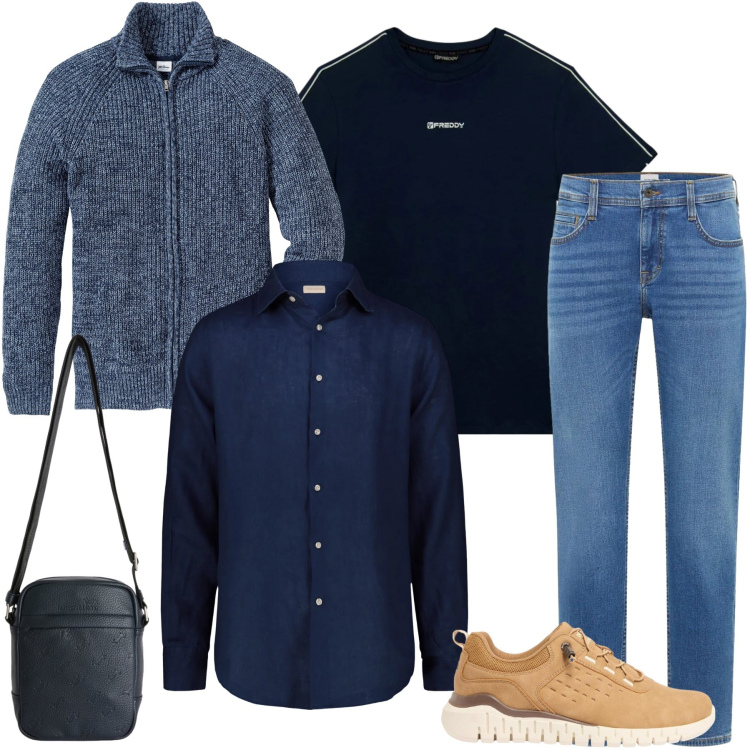 Outfit uomo - L\'Eleganza del Casual Quotidiano. Stile Urban per Tutti i giorni. Abbinamento con cardigans, jeans bootcut, sneakers, borse sportive, t-shirt, camicie.