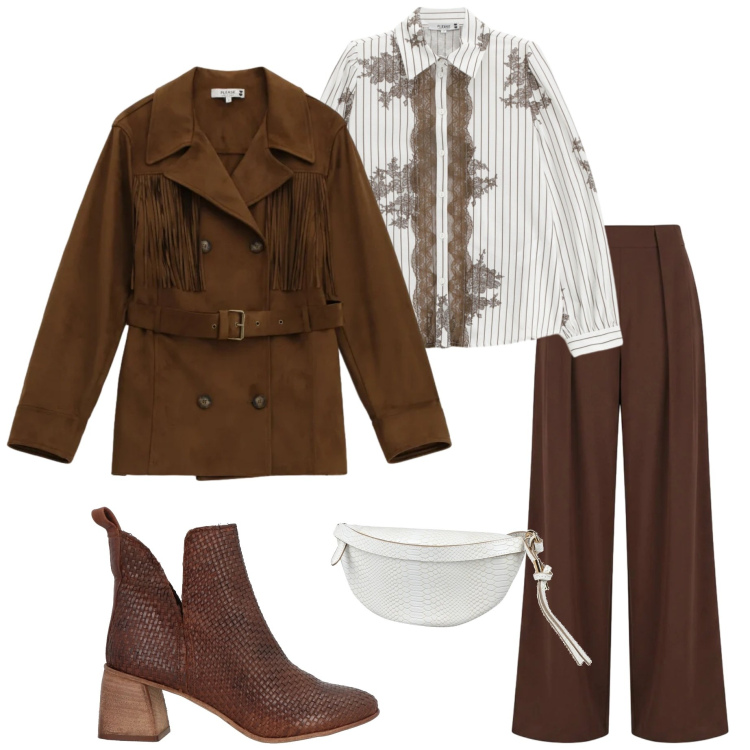 Outfit donna - Sporty chic. Stile Sporty chic per Serata fuori. Abbinamento con stivaletti, marsupi, camicie, trench, pantaloni a palazzo.