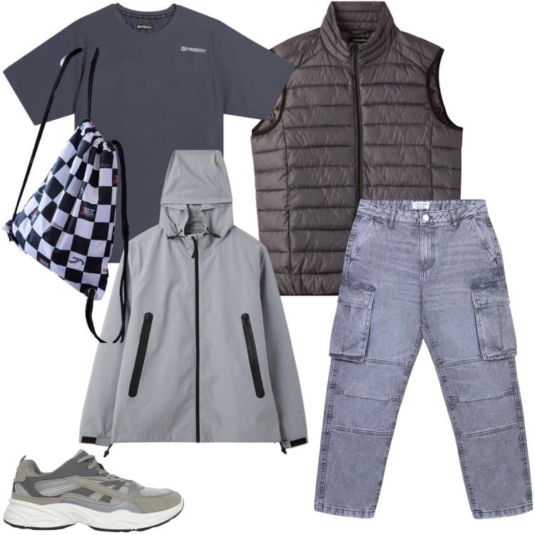 Outfit uomo - La Collezione Grey Tech. Stile Urban per Tutti i giorni. Abbinamento con t-shirt sportive, borse sportive, sneakers, giacche, piumini, jeans.