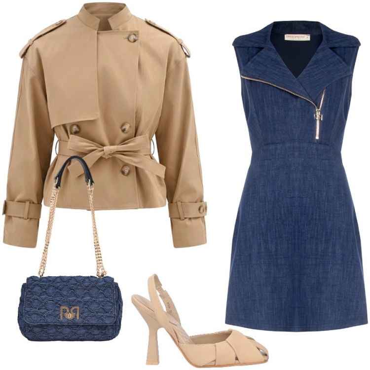Outfit donna - Raffinato beige e denim. Stile Chic per Cerimonia. Abbinamento con décolleté, vestiti asimmetrici, borse a spalla, caban.