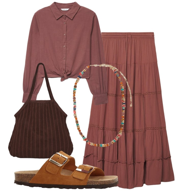 Outfit donna - Boho caramello. Stile Boho per Tutti i giorni. Abbinamento con ciabatte, collane, camicie, shopping bag, gonne lunghe.