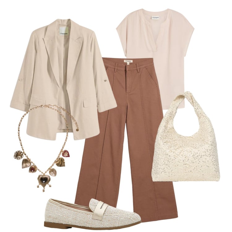 Outfit donna - Pasqua disinvolta. Stile Casual chic per Tutti i giorni. Abbinamento con pantaloni, bluse, blazer, mocassini, collane, borse a spalla.