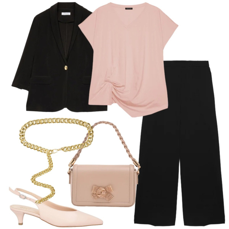 Outfit donna - Total look #2372356. Stile Chic per Cerimonia. Abbinamento con décolleté, t-shirt, pantaloni, blazer, cinture, pochette.