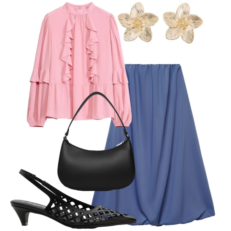 Outfit donna - Sensazioni romantiche. Stile Romantica per Ufficio. Abbinamento con orecchini, décolleté, bluse, gonne lunghe, borse a tracolla.