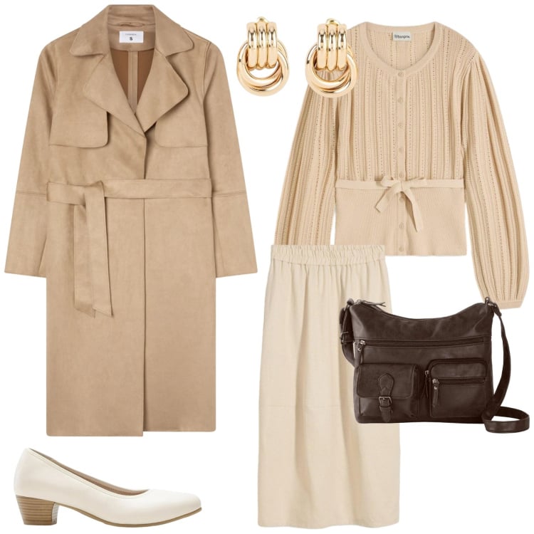 Outfit donna - Romantico e casual. Stile Casual chic per Tutti i giorni. Abbinamento con maglieria, décolleté, orecchini, borse a tracolla, gonne longuette, trench.