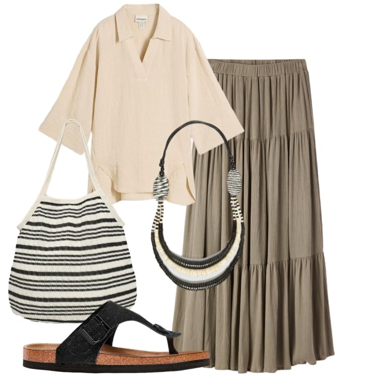 Outfit donna - Boho naturale. Stile Boho per Tutti i giorni. Abbinamento con infradito, tuniche, collane, gonne lunghe, shopping bag.