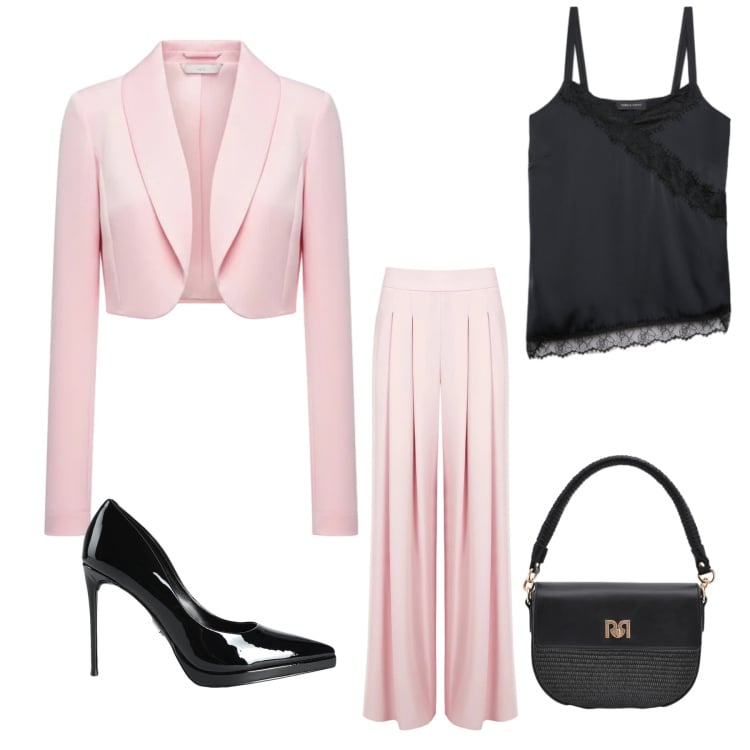 Outfit donna - Invito in rosa. Stile Chic per Cerimonia. Abbinamento con décolleté, canottiere, borse a spalla, pantaloni a palazzo, bolero.
