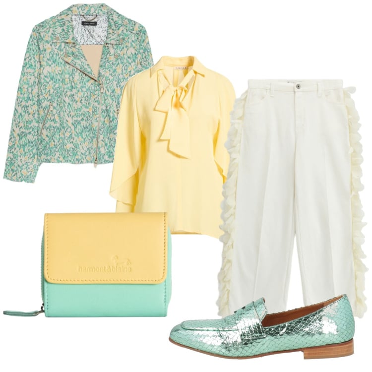 Outfit donna - Menta fresca. Stile Casual chic per Ufficio. Abbinamento con top, mocassini, blazer, portafogli, pantaloni.