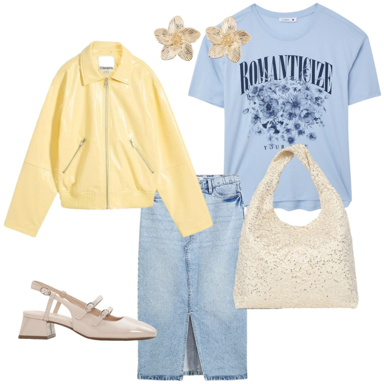 Outfit donna - Casual e femminile. Stile Casual chic per Tutti i giorni. Abbinamento con gonne longuette, décolleté, cappotti, orecchini, t-shirt, borse a spalla.