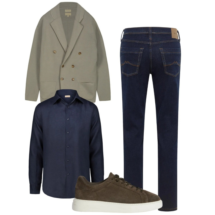 Outfit uomo - Total look #2372380. Stile Urban per Ufficio. Abbinamento con sneakers, camicie, cardigans, jeans dritti.