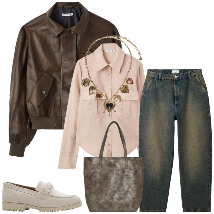 Outfit donna - Total look #2372383. Stile Casual chic per Tutti i giorni. Abbinamento con mocassini, jeans, shopping bag, camicie, giacche, collane.