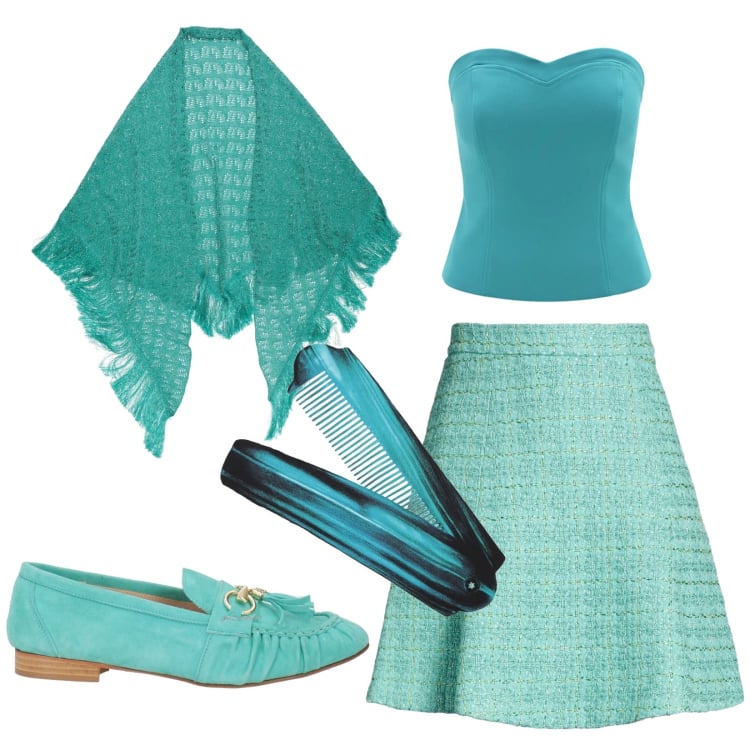 Outfit donna - Festa di fine anno. Stile Chic per Serata fuori. Abbinamento con sciarpe, minigonne, stole, mocassini, top.