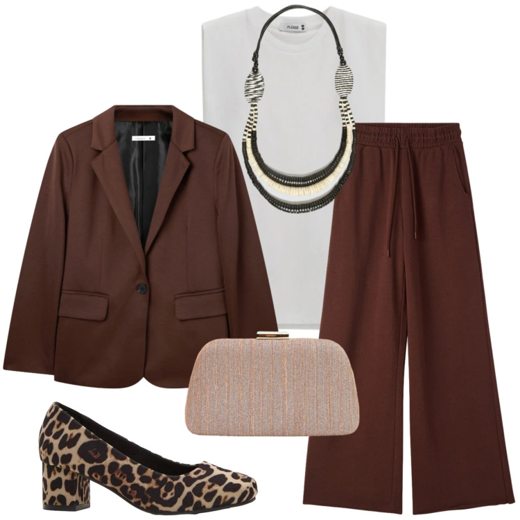Outfit donna - Total look #2372390. Stile Chic per Serata fuori. Abbinamento con décolleté, collane, pochette, top, pantaloni, blazer.