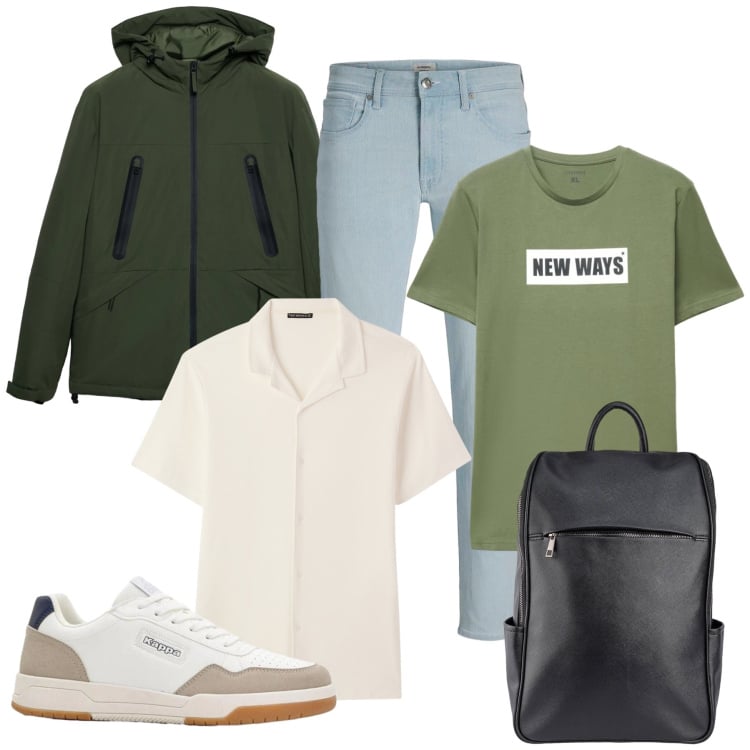 Outfit uomo - Nature\'s Edge. Stile Urban per Tutti i giorni. Abbinamento con sneakers, jeans, camicie a manica corta, giacche, borse sportive, t-shirt.
