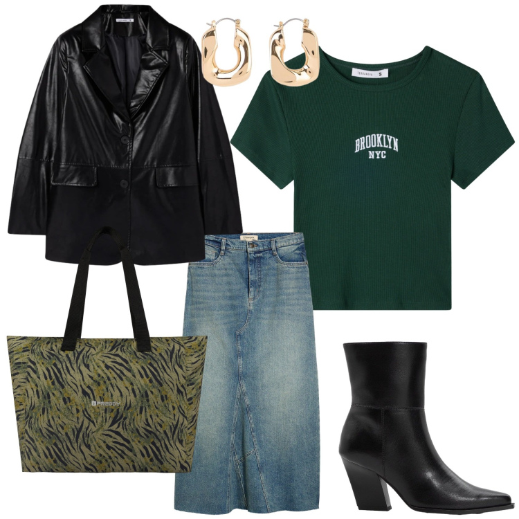 Outfit donna - Femminile con grinta. Stile Trendy per Tutti i giorni. Abbinamento con gonne, stivaletti, orecchini, shopping bag, t-shirt, blazer.