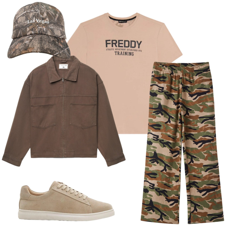 Outfit uomo - Camo Cool. Stile Trendy per Tutti i giorni. Abbinamento con sneakers, pantaloni, cappelli con visiera, cappotti, t-shirt.