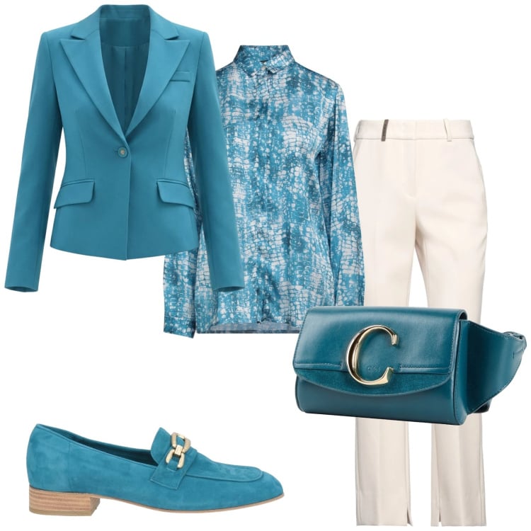 Outfit donna - Ottanio - perseveranza. Stile Glamour per Cerimonia. Abbinamento con camicie, marsupi, pantaloni, mocassini, blazer.