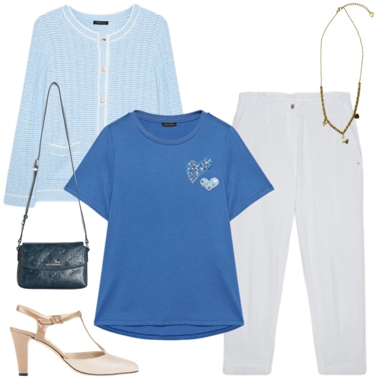 Outfit donna - Azure Romance. Stile Casual chic per Tutti i giorni. Abbinamento con décolleté, t-shirt, pantaloni, cardigans, borse a tracolla, ciondoli.