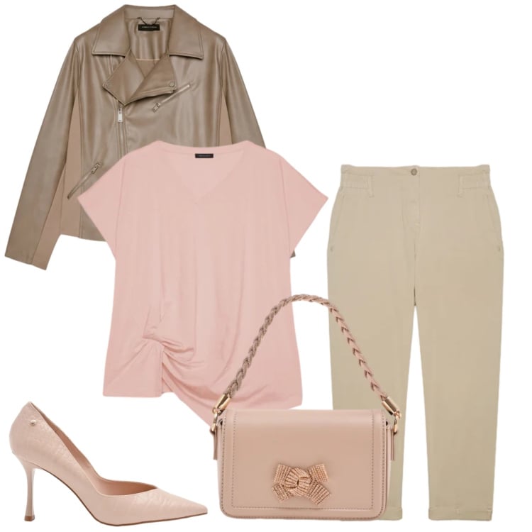 Outfit donna - Chic in Powder. Stile Casual chic per Tutti i giorni. Abbinamento con t-shirt, blazer, pantaloni, pochette, décolleté.