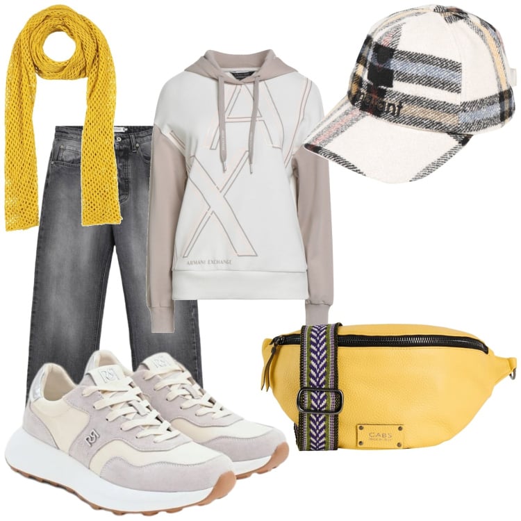 Outfit donna - AX su jeans. Stile Casual per Tutti i giorni. Abbinamento con cappelli con visiera, marsupi, sciarpe, felpe con cappuccio, sneakers, jeans.