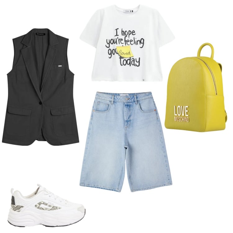 Outfit donna - Look Casual-Chic con un Tocco di Colore. Stile Casual chic per Tutti i giorni. Abbinamento con zaini, sneakers, t-shirt, gilet, bermuda.
