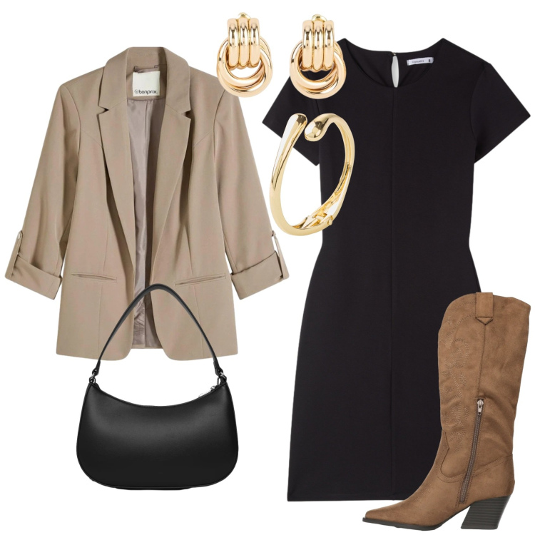 Outfit donna - Il mini dress nero. Stile Trendy per Tutti i giorni. Abbinamento con braccialetti, orecchini, blazer, stivali, borse a tracolla, vestiti corti.