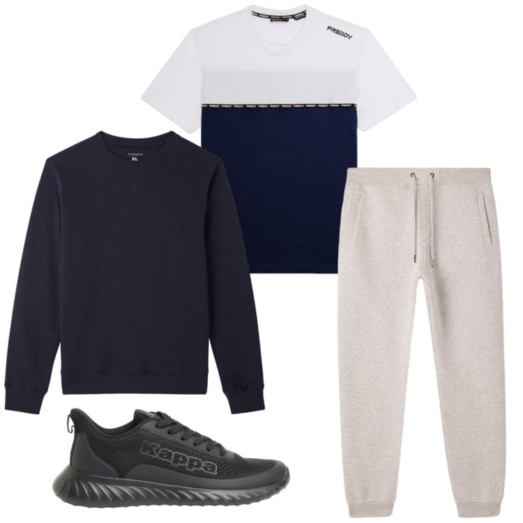 Outfit uomo - Total look #2372423. Stile Trendy per Sport. Abbinamento con sneakers, t-shirt, pantaloni, felpe.