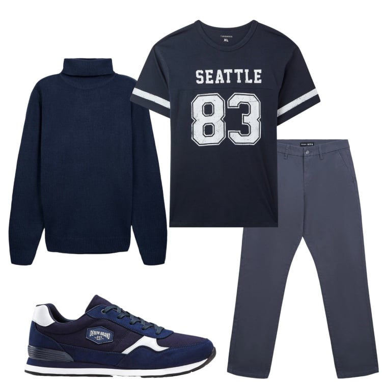 Outfit uomo - Total look #2372430. Stile Trendy per Tutti i giorni. Abbinamento con sneakers, t-shirt, pantaloni chino, maglieria.