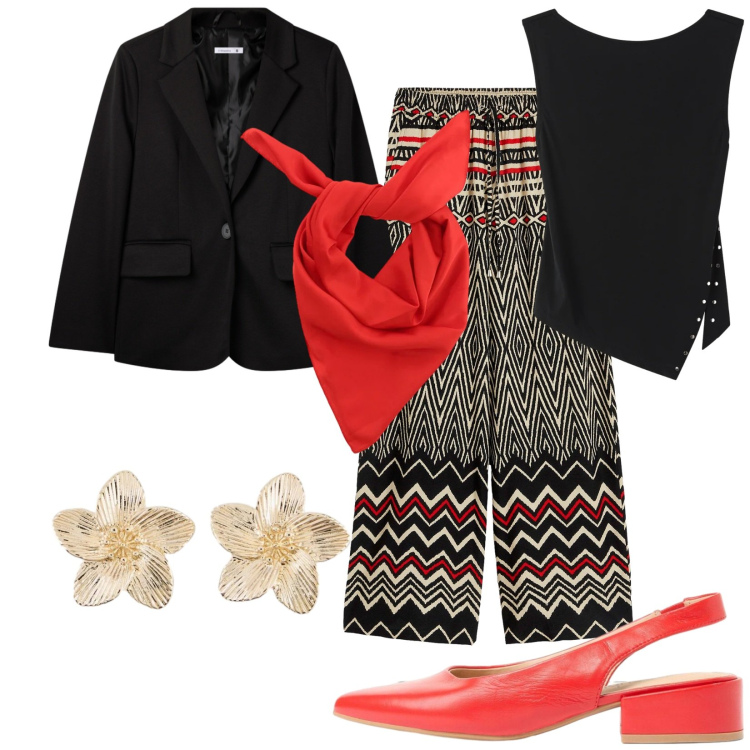 Outfit donna - Nel quotidiano. Stile Casual chic per Tutti i giorni. Abbinamento con décolleté, pantaloni, orecchini, top, blazer, foulard.