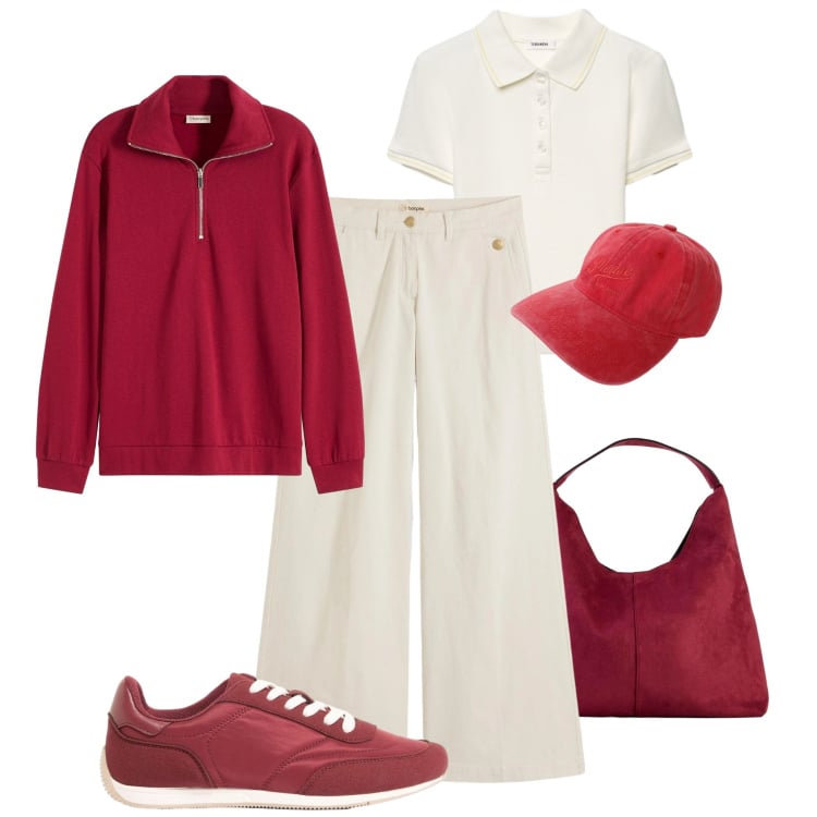 Outfit donna - Un tocco di rosso. Stile Urban per Tutti i giorni. Abbinamento con borse a spalla, pantaloni, felpe, sneakers, polo, cappelli.