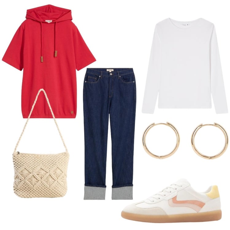 Outfit donna - Total look #2372436. Stile Casual per Tutti i giorni. Abbinamento con felpe con cappuccio, jeans dritti, sneakers, borse a tracolla, orecchini, t-shirt.