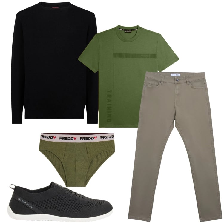 Outfit uomo - Total look #2372437. Stile Casual per Tutti i giorni. Abbinamento con sneakers, t-shirt, slip, maglieria, pantaloni skinny.